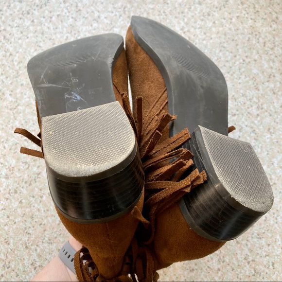 JustFab Brown Suede Fringe Trim Boho Ankle Booties - Picture 7 of 7